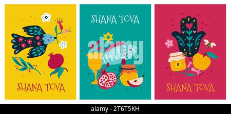 Happy Shana Tova Grußkarte. Jüdisches traditionelles Feiertagsfest. Rosh Hashanah-Element. Neujahr israelische Artikel. Apfel oder Granatapfel. Lustig Stock Vektor