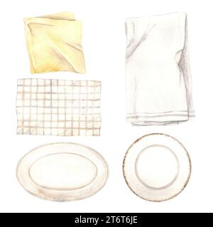 Set mit Illustrationen von Küchentüchern und Utensilien in Aquarellfarben. Handgezeichnete verschiedene Textilservietten und Keramikplatten in runder und ovaler Form Stockfoto