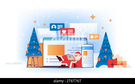 weihnachtsmann in rotem Kostüm mit Chat-Apps Online-Kommunikation Social-Media-Netzwerk Happy New Year Frohe christmas Holidays Stock Vektor