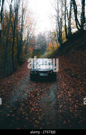 Bulgarien - 11.12.2023: Weitwinkelaufnahme eines schönen Autos mitten auf der Straße im Wald. Stockfoto