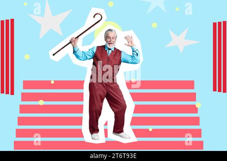 Stilvolles Kunstwerk mit einem glücklichen älteren Mann, der den Gehstock hebt, während er auf farbigem Hintergrund tanzt Stockfoto