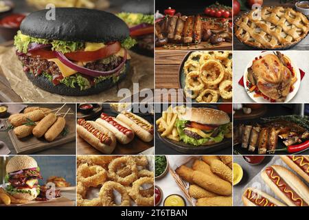 Verschiedene leckere amerikanische Gerichte. Collage mit Burgern, Hot Dogs, gebratenen Rippchen, Apfelkuchen und anderen Stockfoto