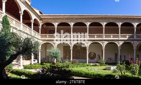 Toledo, Spanien, 08.10.21. Innenhof und Innenhof mit Garten, dekorativen Kreuzgängen aus der Renaissance, Säulen und Bögen des Museums von Santa Cruz, innen. Stockfoto