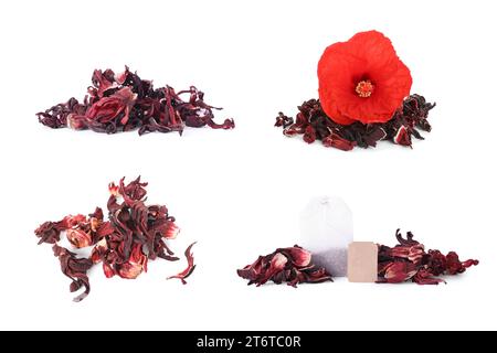 Haufen von trockenem Hibiskus-Tee isoliert auf weiß, Set Stockfoto