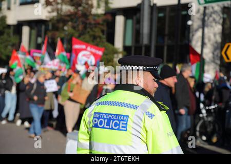 London, Großbritannien, 11. November 2023 marschierten pro-palästinensische Demonstranten friedlich in Westminster und forderten einen Waffenstillstand und ein Ende der Bombardierung des Gazastreifens. Stockfoto