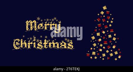 Geschmückter Weihnachtsbaum auf dunklem Hintergrund. Weihnachtsbaum der Geschenke dunkelblauer Hintergrund. Design Postkartenflyer, Gutschein. Konzepturlaub. Vektorabbildung. Stock Vektor