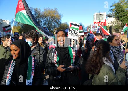 London, Großbritannien, 11. November 2023 marschierten pro-palästinensische Demonstranten friedlich in Westminster und forderten einen Waffenstillstand und ein Ende der Bombardierung des Gazastreifens. Stockfoto