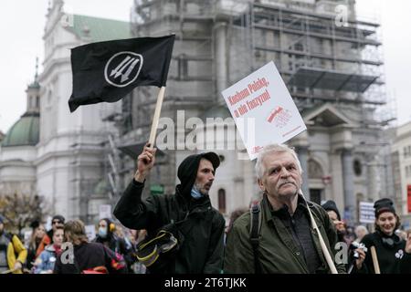 Ein Mann hält ein Plakat mit der Aufschrift "Ich liebe Polen, nicht Faschismus" während des antifaschistischen Protestes "für deine und unsere Freiheit" am polnischen Unabhängigkeitstag. Der antifaschistische Protest "für deine und unsere Freiheit" fand auf den Straßen von Warschau am 11. November 2023 am polnischen Unabhängigkeitstag statt. Hunderte von Menschen mit Plakaten und Fahnen nahmen an der Veranstaltung Teil, gesichert durch die Polizei. Laut den Organisatoren ist diese Form des Feierns am 11. November der beste Ausdruck der Verbundenheit mit der Idee einer lebendigen, vielfältigen und wahren Unabhängigkeit. Stockfoto