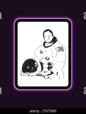 Neil Armstrong amerikanischer Astronaut und Luftfahrtingenieur Neon Light Board View Lila Hintergrund, Vektorillustration abstraktes bearbeitbares Bild Stock Vektor