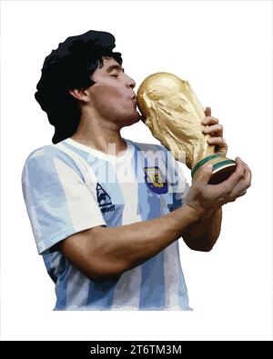 Diego Maradona Kissing Football Trophäe, Weltmeisterschaft Final Moment argentinischer Fußballspieler Vector Illustration Bild Stock Vektor