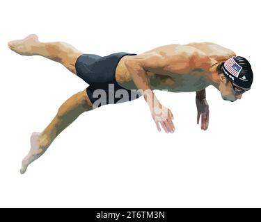 Michael Phelps amerikanischer Schwimmer Jumping Action mit Hintergrund, Vektorillustration abstraktes bearbeitbares Bild Stock Vektor