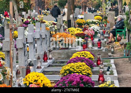 Chrysanthemenblumen und Votivkerzen auf Gräbern am Allerheiligen-Tag auf dem Sankt-Lorenz-Friedhof in Breslau, Niederschlesien, Polen Stockfoto