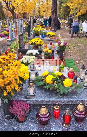 Chrysanthemenblumen und Votivkerzen auf Gräbern am Allerheiligen-Tag auf dem Sankt-Lorenz-Friedhof in Breslau, Niederschlesien, Polen Stockfoto