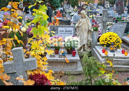 Chrysanthemenblumen und Votivkerzen auf Gräbern am Allerheiligen-Tag auf dem Sankt-Lorenz-Friedhof in Breslau, Niederschlesien, Polen Stockfoto