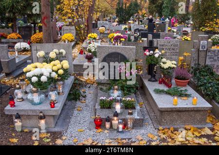 Blumen und Votivkerzen auf Gräbern am Allerheiligen-Tag auf dem Sankt-Lorenz-Friedhof in Breslau, Niederschlesien, Polen Stockfoto