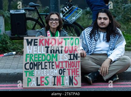 London, Großbritannien. November 2023. Demonstranten marschieren während einer pro-palästinensischen Kundgebung am Tag des Waffenstillstands in London. Fotografiert von Michael Tubi/Alamy Live News. Stockfoto