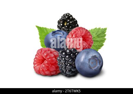 Verschiedene frische reife Beeren und grüne Blätter isoliert auf weiß Stockfoto