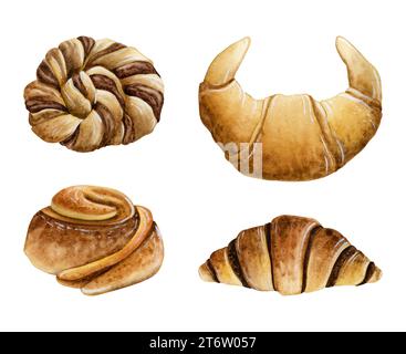 Köstliche Bäckerei Aquarell Illustrationen mit Schokoladenbutter Croissants, Zimt Brötchen und geflochtenem Brot Stockfoto