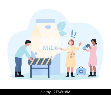 Illustration der Laktoseintoleranz. Cartoon winzige Menschen halten Barriere vor Milchflasche, Ärzte schützen Patienten vor Entzündungen und Allergiesymptomen des Magen-Darm-Traktes Stock Vektor