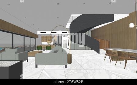 3D Render Modern Guest House Interior Scene - mit Möbeln Stockfoto
