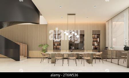 3D Render Modern Guest House Interior Scene - mit Möbeln Stockfoto