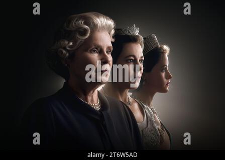 IMELDA STAUNTON, OLIVIA COLMAN und CLAIRE FOY in THE CROWN (2016), Regie: PETER MORGAN. Saison 6. GUTSCHRIFT: LINKE BANK PICTURES/SONY PICTURES TV PROD UK/ALBUM Stockfoto