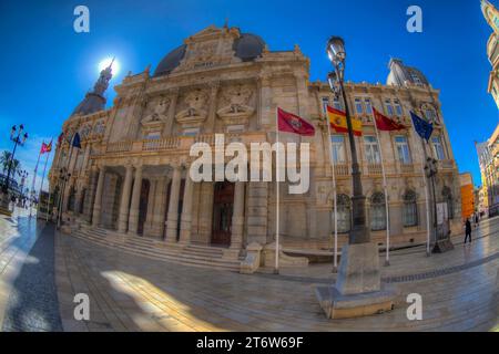 HDR-Fischaugenbild des Rathauses in der Stadt Cartagena, Region Murcia, Südostspanien Stockfoto