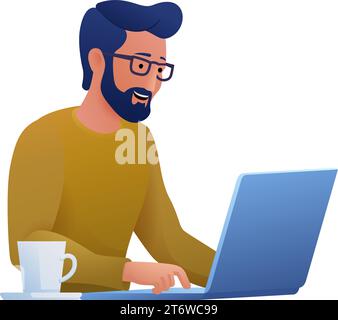 Mann, Der Laptop-Computer-Cartoon-Illustration Benutzt Stock Vektor