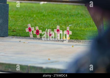 Hull, East Yorkshire, 12. November 2023. Die Menschen in Hull und East Yorkshire haben bei den diesjährigen Gedenktagen im Stadtzentrum ihren Respekt für Millionen Menschen gezollt, die in Konflikten ihr Leben verloren haben. Zivilgesellschaftliche Leiter und Würdenträger, eine Polizeibande und Mitglieder einer Reihe von Veteranenverbänden und dienenden Mitgliedern der Streitkräfte, zusammen mit dem St. Johns Ambulance und den Blaulichtdiensten, waren anwesend. IM BILD: Miniatur-eingeprägte Gedenkkreuze am Cenotaph. Bridget Catterall AlamyLiveNews Stockfoto