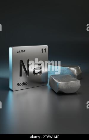 Natriumelement-Symbol aus dem Periodensystem in spanischem nahe metallischem Natrium. 3D-Abbildung. Stockfoto