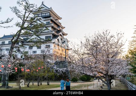 Schloss Fukuyama, Japan. Umgeben von Kirschblüten während eines Sonnenuntergangs, im Frühling, ist der restaurierte Donjon mit seiner Nordseite mit schwarzen Metallplatten bedeckt Stockfoto