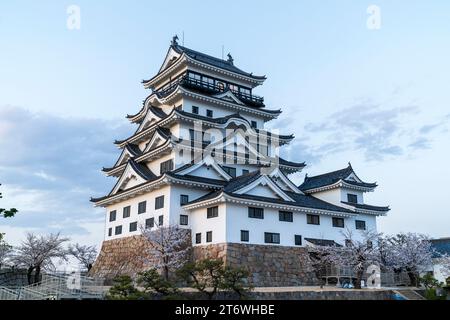 Schloss Fukuyama in Japan. Der Borogata-Stil ist zur blauen Stunde umgeben von Kirschblüten im Frühling und dahinter der Abendhimmel. Stockfoto