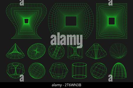 Cyber verzerrte Formen, Retro-Punkdesign-Elemente. Drahtmodellwellengeometrie auf schwarzem Hintergrund. Trendige psychedelische Vektorelemente. Stock Vektor
