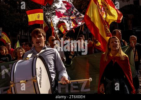 Barcelona, Spanien. November 2023. Aktivisten marschieren durch Barcelona, um gegen eine Amnestie zu protestieren, die Politikern angeboten wurde, die im Oktober 2017 an einem illegalen Referendum über die katalanische Unabhängigkeit teilgenommen hatten, im Austausch für Stimmen im spanischen parlament nächste Woche, um Pedro Sanchez unter dem Motto „nicht im Namen Spaniens“ wiederzuwählen. Nein zur Amnestie. Matthias Oesterle/Alamy Live News Stockfoto