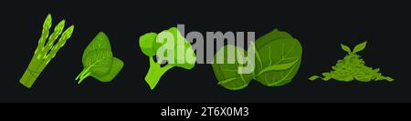 Grüngemüse-Antioxidantien. Saftiger Brokkoli und rosenkohl mit Salat für vegane und veg Vektornahrung Stock Vektor