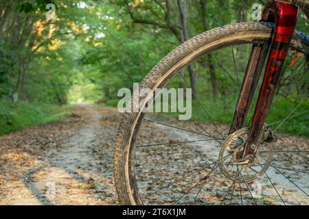 Fahren Sie mit dem Fahrrad auf dem Katy Trail in der Nähe von McKittrick, Missouri, in der Landschaft des frühen Herbstes Stockfoto