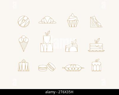 Dessert-Ikonen im Art déco-Stil Donut, Croissant, Cupcake, Sandwich, Eis, Kuchen, Dessert, Pfannkuchen, Makronen, Tortengelee mit weißem Aufdruck Stock Vektor