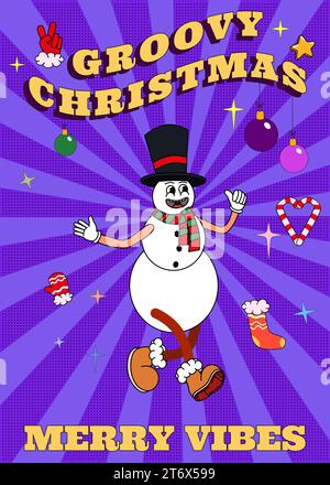 Poster Groovy Hippie Weihnachten. Schneemann im trendigen Retro-Cartoon-Stil Stock Vektor