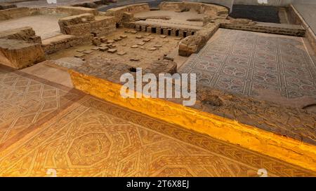 Ein Teil des Stockwerks zeigt die Fußbodenheizung Roman Villa 'La Olmeda', VRO, Pedrosa de la Vega, Palencia, Castile & Leon, Spanien, Europa Stockfoto