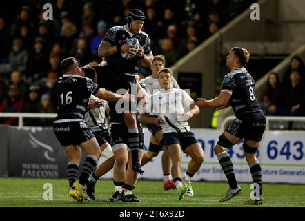 Newcastle Falcons' Sebastian de Chaves in Aktion während des Gallagher Premiership Matches im Kingston Park, Newcastle upon Tyne. Bilddatum: Sonntag, 12. November 2023. Stockfoto