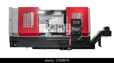 Programmierbare moderne digitale Hochpräzisions-CNC-Rotationsfräsmaschine mit Satz von Trommelschneidwerkzeugen isoliert auf weißem Hintergrund Stockfoto