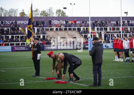 Newcastle upon Tyne, Großbritannien. November 2023. Newcastle upon Tyne, 12. November 2023. Kränze werden am Remembrance Sonntag vor dem Gallagher Premiership Spiel zwischen den Newcastle Falcons und Saracens im Kingston Park gelegt. Quelle: Colin Edwards/Alamy Live News Stockfoto