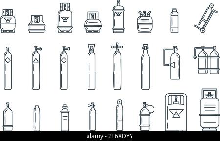 Symbole der Gasflaschenlinie. Sauerstoffflaschen, Erdölspeicher umreißen Symbole. Kanister und Behälter, Metallindustrieflaschen anständigen Vektorsatz Stock Vektor