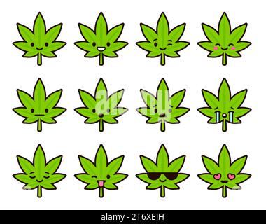 Niedliches Emoticon-Set: Niedliches Cartoon-Cannabisblatt mit verschiedenen Emotionen. Illustration des flachen Vektors Emoji. Stock Vektor