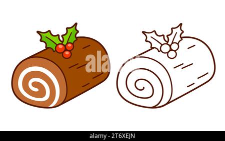 Yule-Baumstamm, traditioneller Weihnachtskuchen. Zeichentrickzeichnung, Vektor-ClipArt-Illustration. Schwarzweiß-Kontur zum Einfärben. Stock Vektor