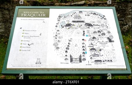 Willkommen bei der Unterschrift und Karte in Traquair a Country House, Traquair, Innerleithen, Peeblesshire, Schottland, UK Stockfoto