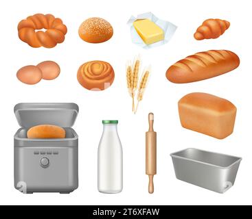 Brot backen. Küchenutensilien realistische Werkzeuge für die Zubereitung von Gebäck anständige Vektor-Brotbackartikel Stock Vektor