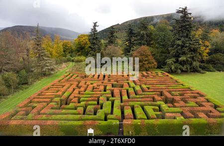 Traquair House, Traquair, Innerleithen, Peeblesshire, Schottland, Großbritannien - Blick auf das historische Labyrinth Stockfoto