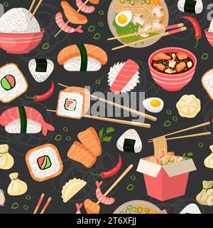 Asiatisches Essen. Soße Nudeln Wok Produkte Illustration für Textil nahtlosen Hintergrund neue Vektor asiatische Küche Stock Vektor