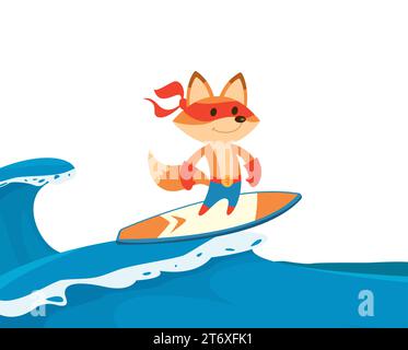 Fox Superheld. Aktiver Sportfuchs, der auf dem Surfbrett steht und auf der Welle fliegt. Vektor-Cartoon-Maskottchen Stock Vektor